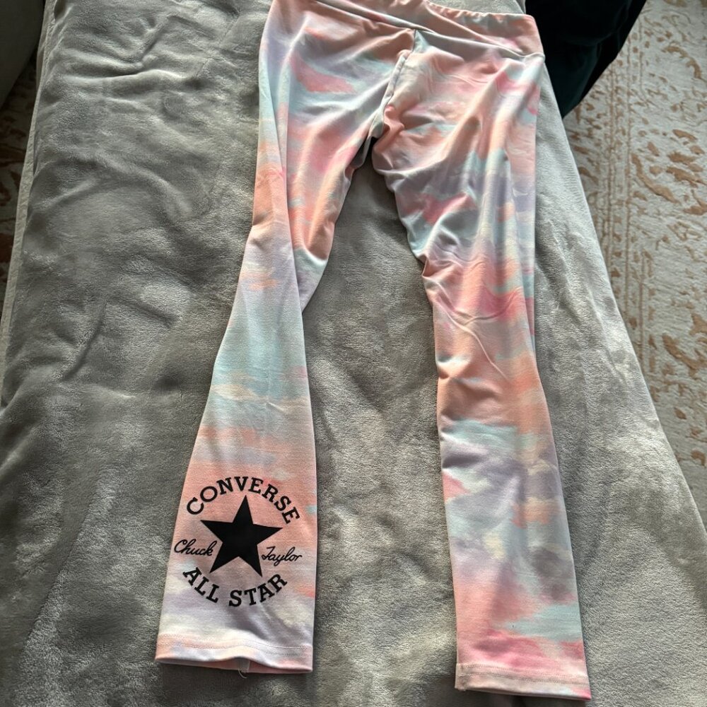 Converse High Rise Printed Legging Aqua Mist w/ Long Sleeve Lilac Logo Tee Sz XL - Picture 14 of 14